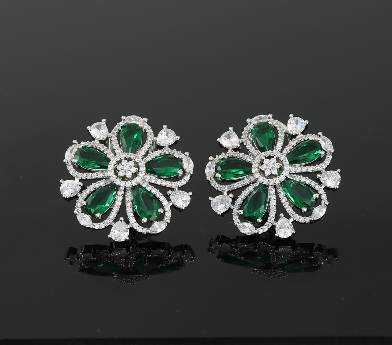 The Jewelbox Indo-Western Emerald Green American Diamond CZ Gold Plated Stud Earring For Women Christmas Gift 
