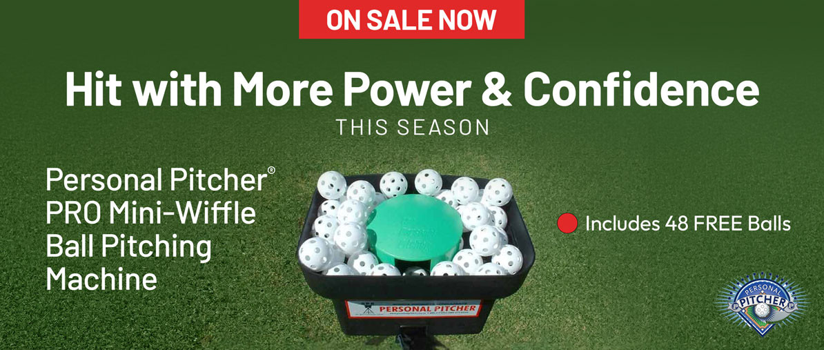 Personal Pitcher pitching machine on a green grass background with "On Sale Now" banner.