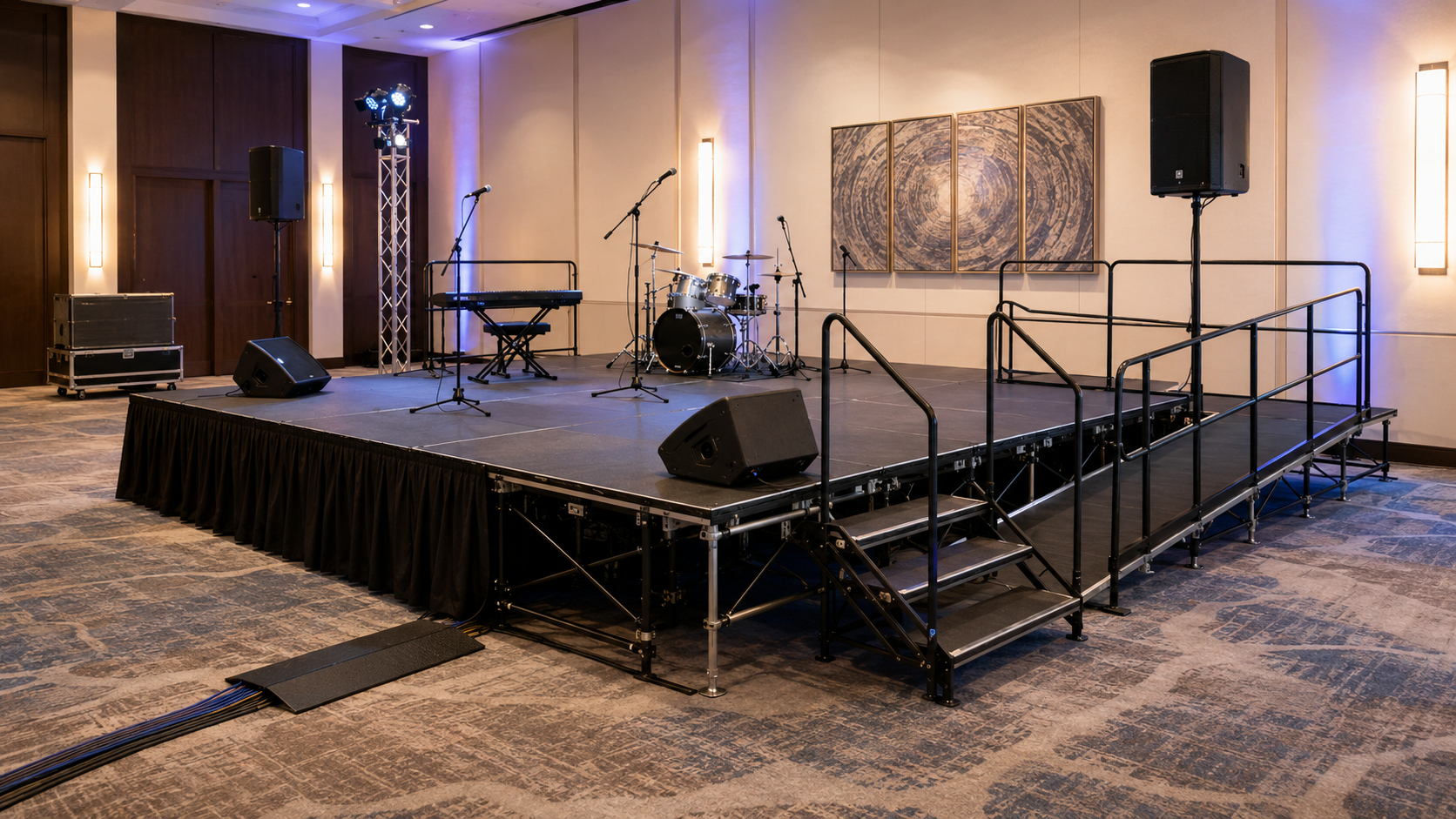 Portable stage access, steps, rails and ramps