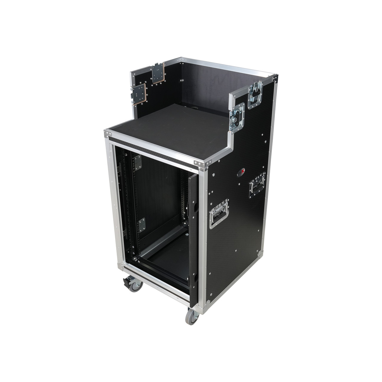 16U Shockmount Slam Door Rack Flight Case with Integrated Console Compartment, Sliding Doors and Casters for AV Production thumbnail 1