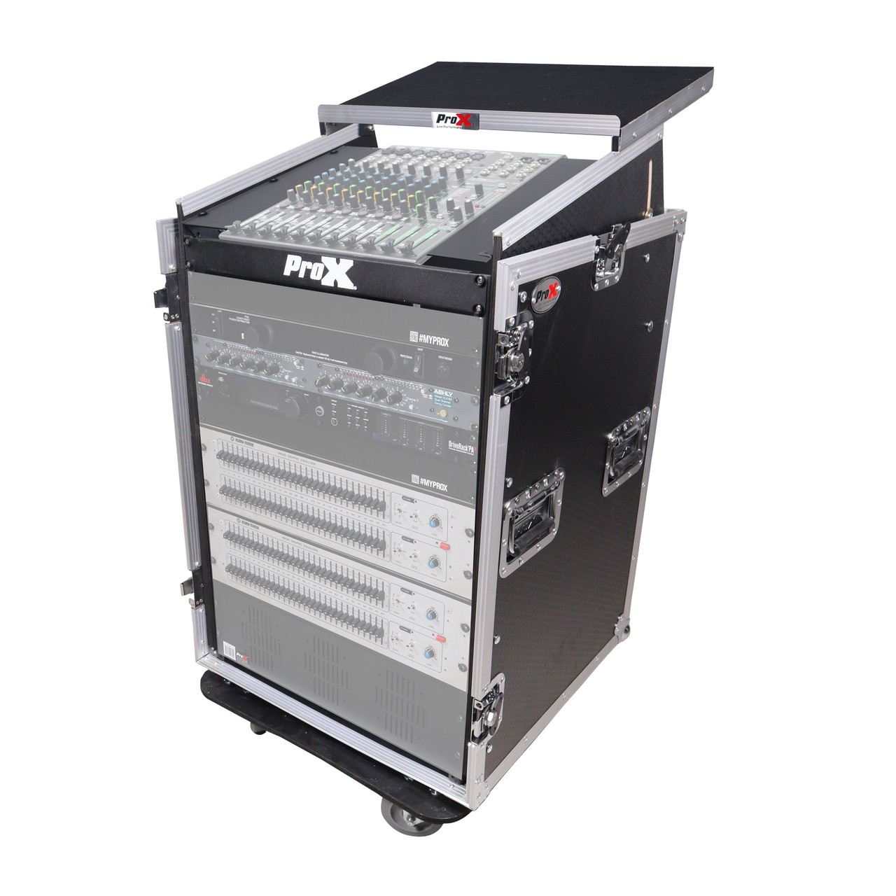 16U Vertical Rack Mount Flight Case with 10U Top for Mixer Combo Amp Rack with Laptop Shelf and Caster Wheels thumbnail 1