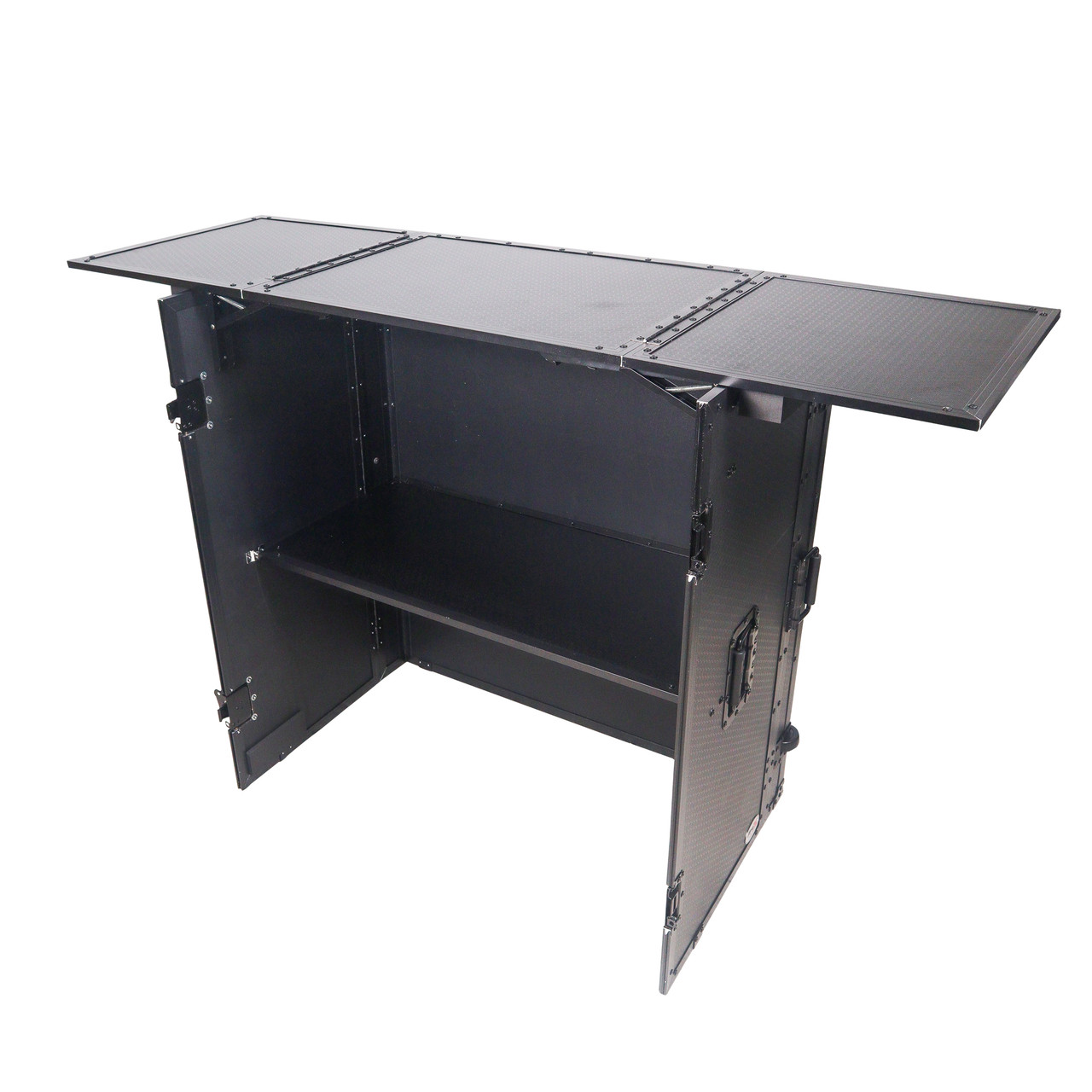 Transformer Flight Case Style Folding DJ Table and Workstation with Smooth Rolling Wheels Black Finish thumbnail 1