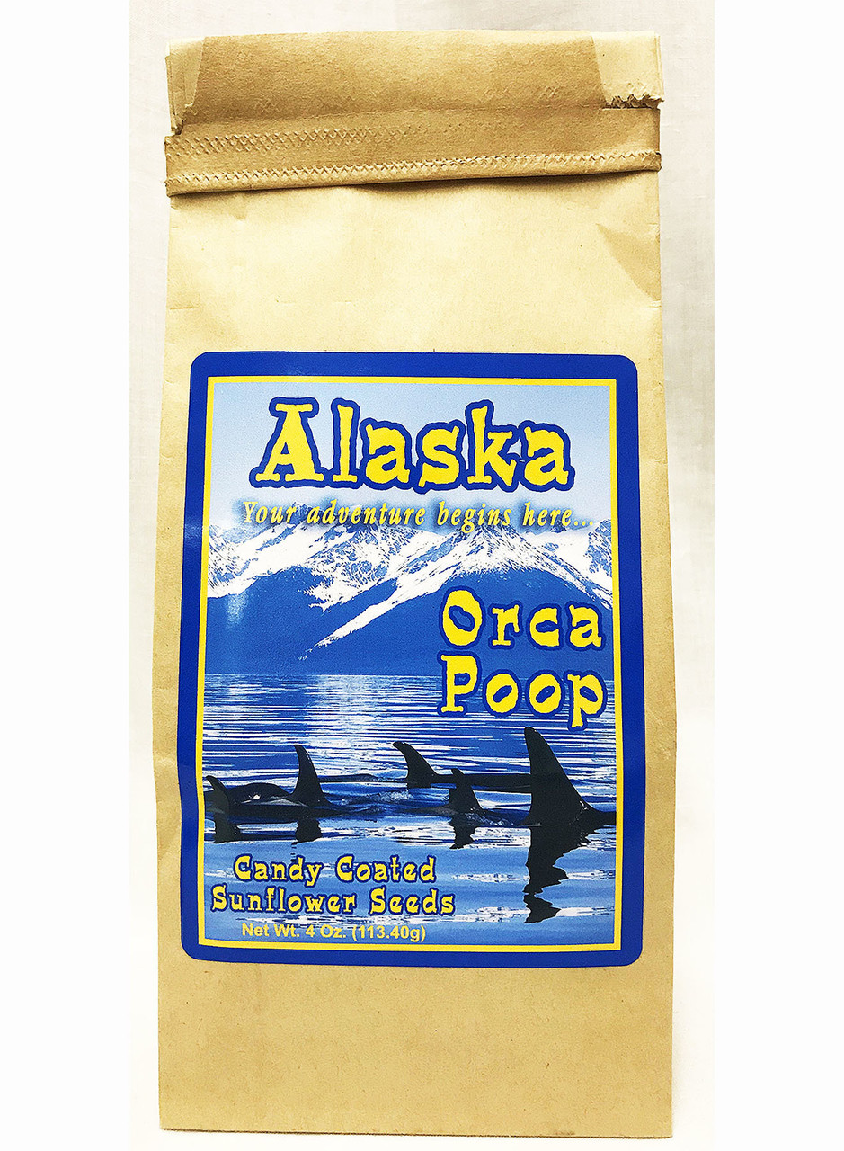 Alaska Orca Poop Bag Filled with Candy Coated Sunflower Seeds Alaska Orca Poop Bag Filled with Candy Coated Sunflower Seeds