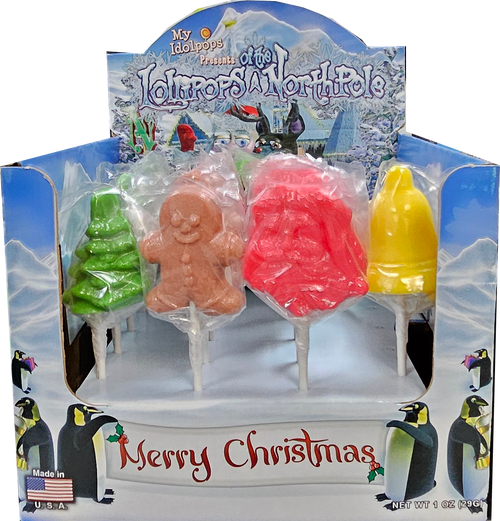 Box of Assorted Christmas Shaped Lollipops in a North pole Themed Display Box
