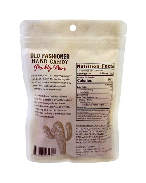 Back of a Cactus Candy Company Old Fashioned Hard Candy, Prickly Pear flavored stand-up pouch. The package features a vintage desert-themed background with product information, a Nutrition Facts panel, ingredient list, barcode, and company details. Decorative cactus artwork appears near the bottom of the package, reinforcing the Southwestern branding and prickly pear theme.