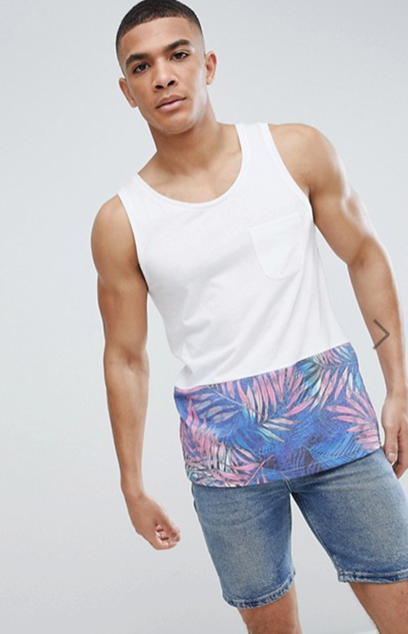  Vest With Drop Back Hem and Printed Panel