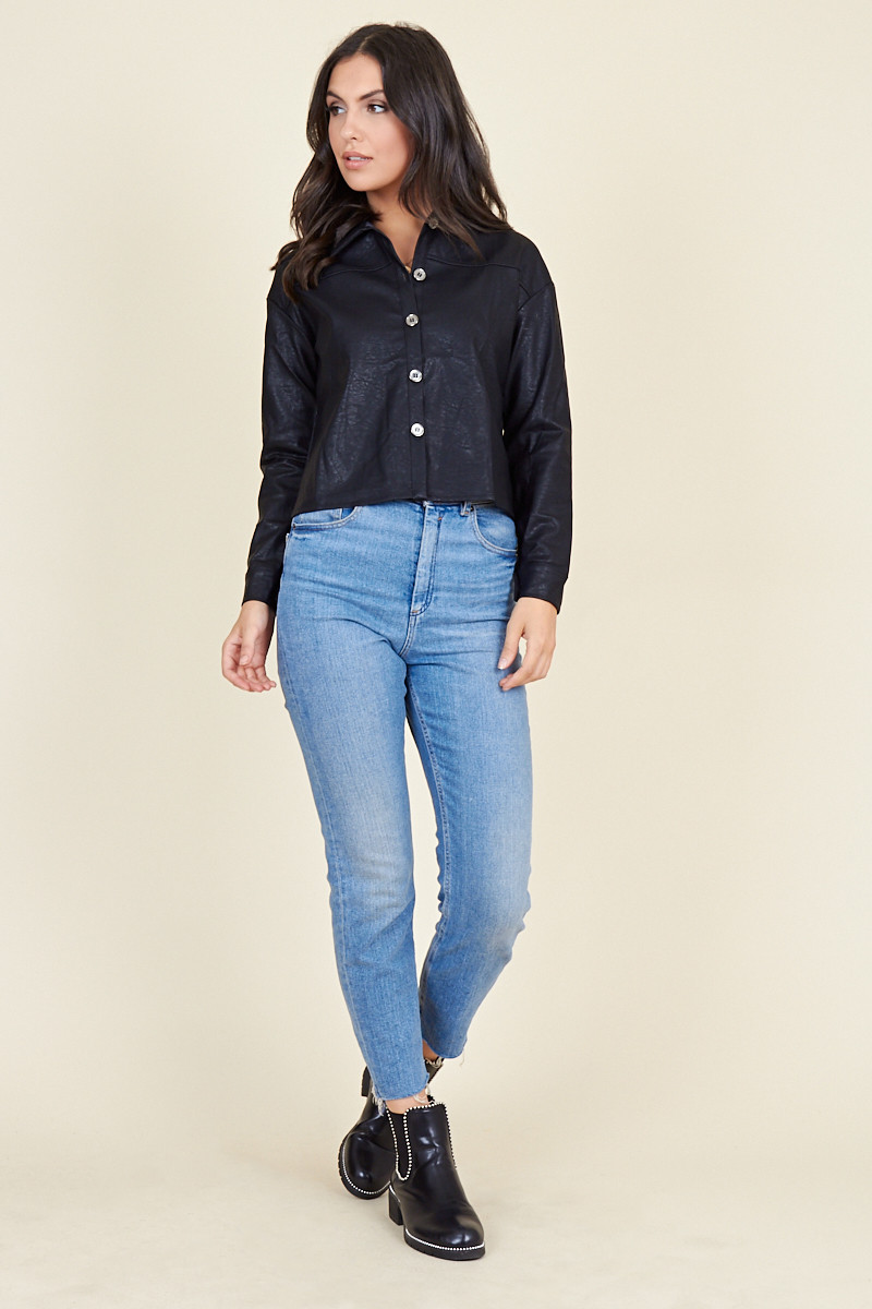 Black Pu Metal Button Boyfriend Shirt