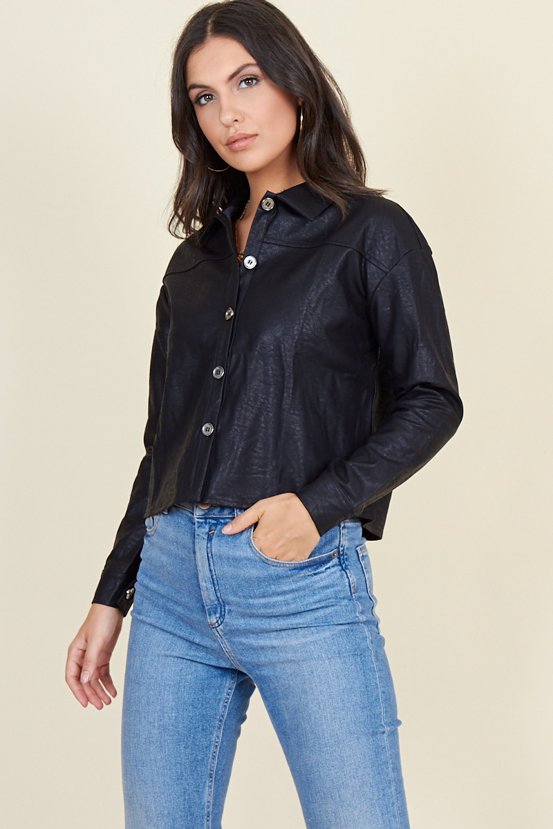 Black Pu Metal Button Boyfriend Shirt