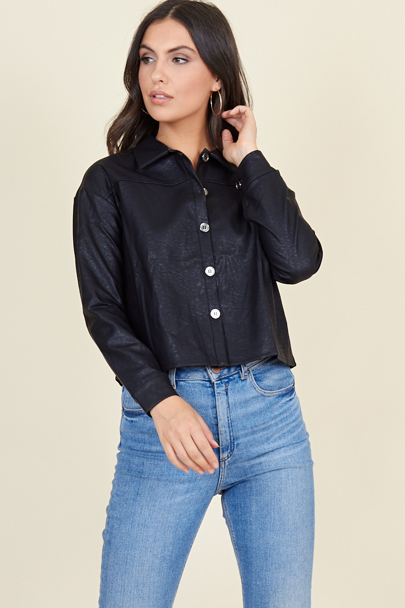 Black Pu Metal Button Boyfriend Shirt