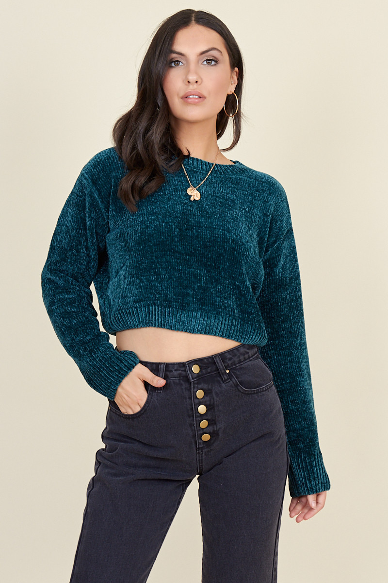 Deep Teal Chenille Knit Cropped Long Sleeve Top