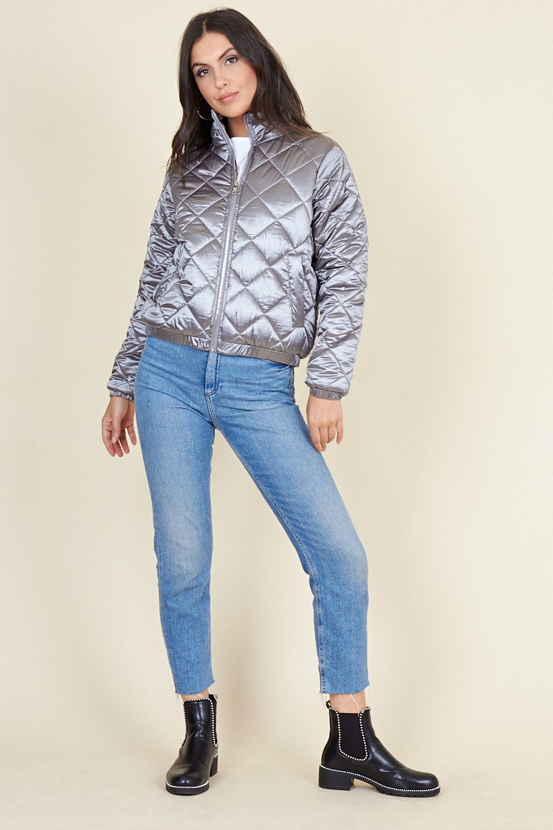 Silver Quilted Satin Jacket