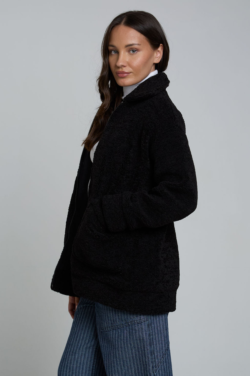 Black Borg Teddy Ring Pull Zip Through Jacket