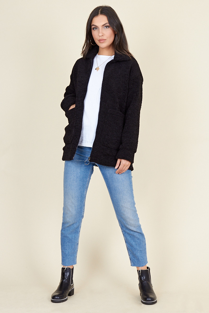 Black Borg Teddy Ring Pull Zip Through Jacket