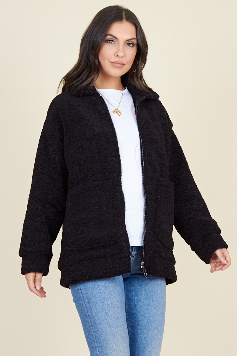 Black Borg Teddy Ring Pull Zip Through Jacket