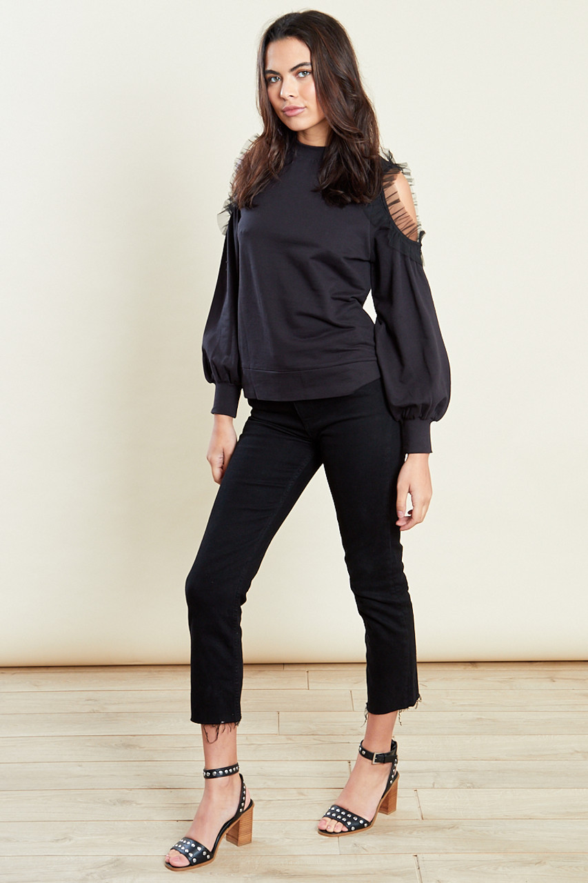 Black Sweatshirt With Cold Shoulder And Mesh Frill 