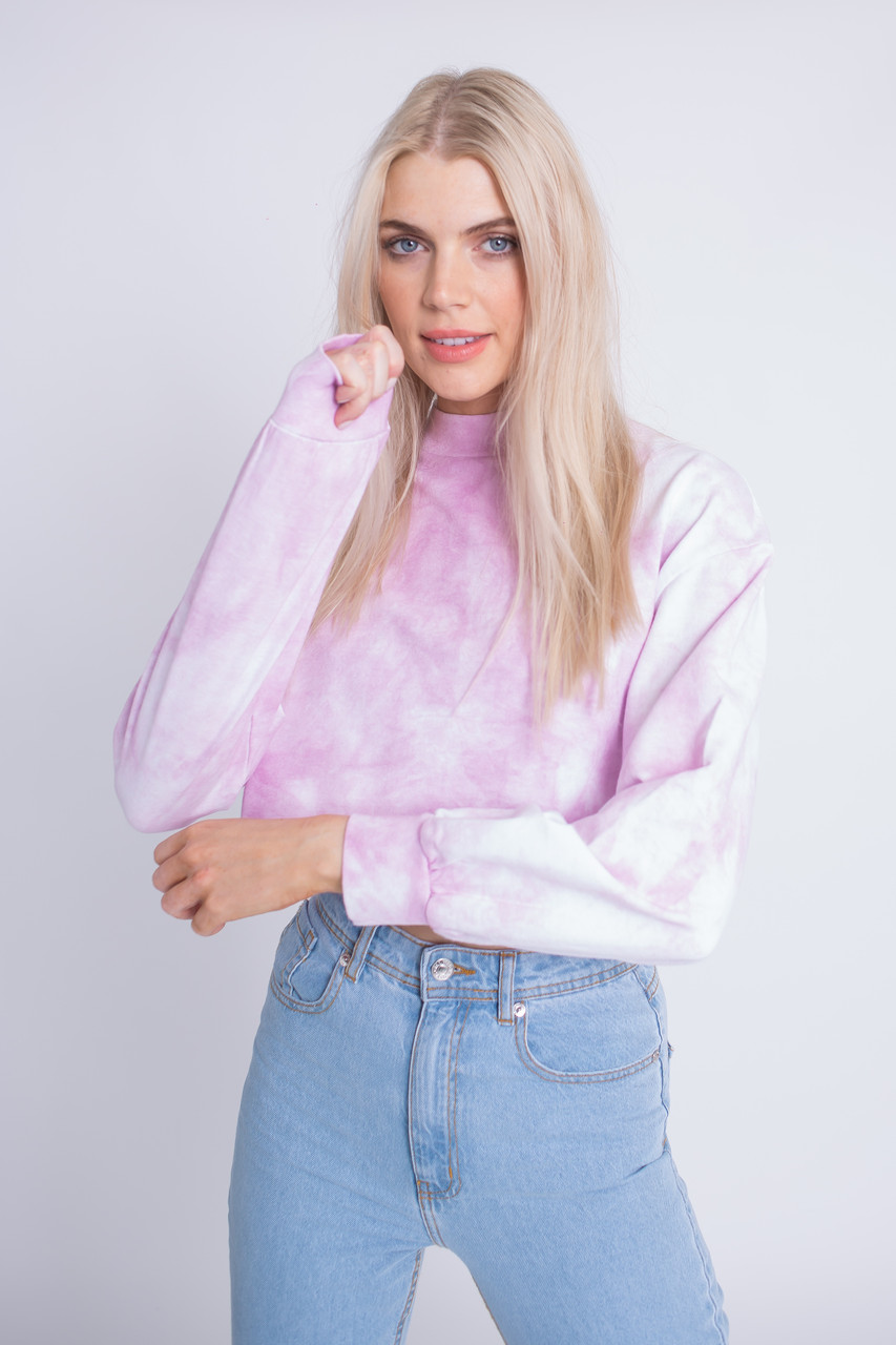 Pink Tie Dye Cropped Sweat Top with Full Sleeves