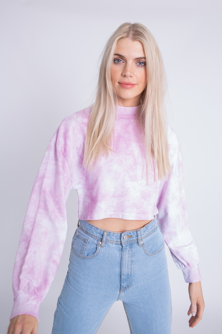 Pink Tie Dye Cropped Sweat Top with Full Sleeves