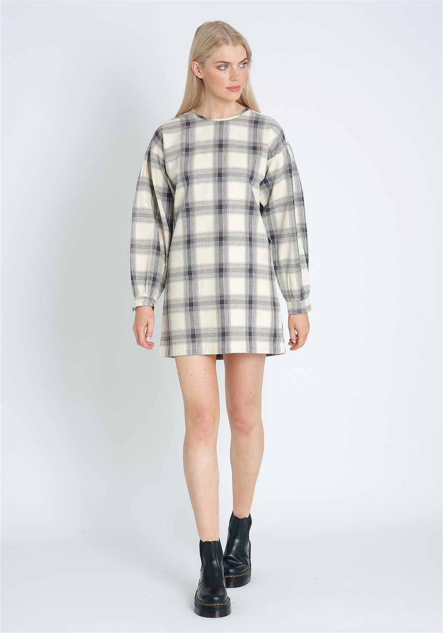 Short Length Brushed Check Dress With Dropped Shoulder And Puff Sleeve