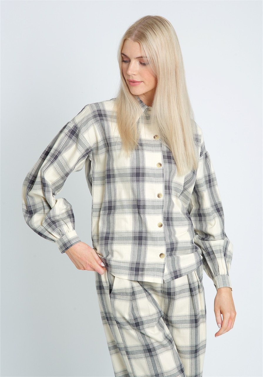 Button Down Blouse In Brushed Check With Puff 