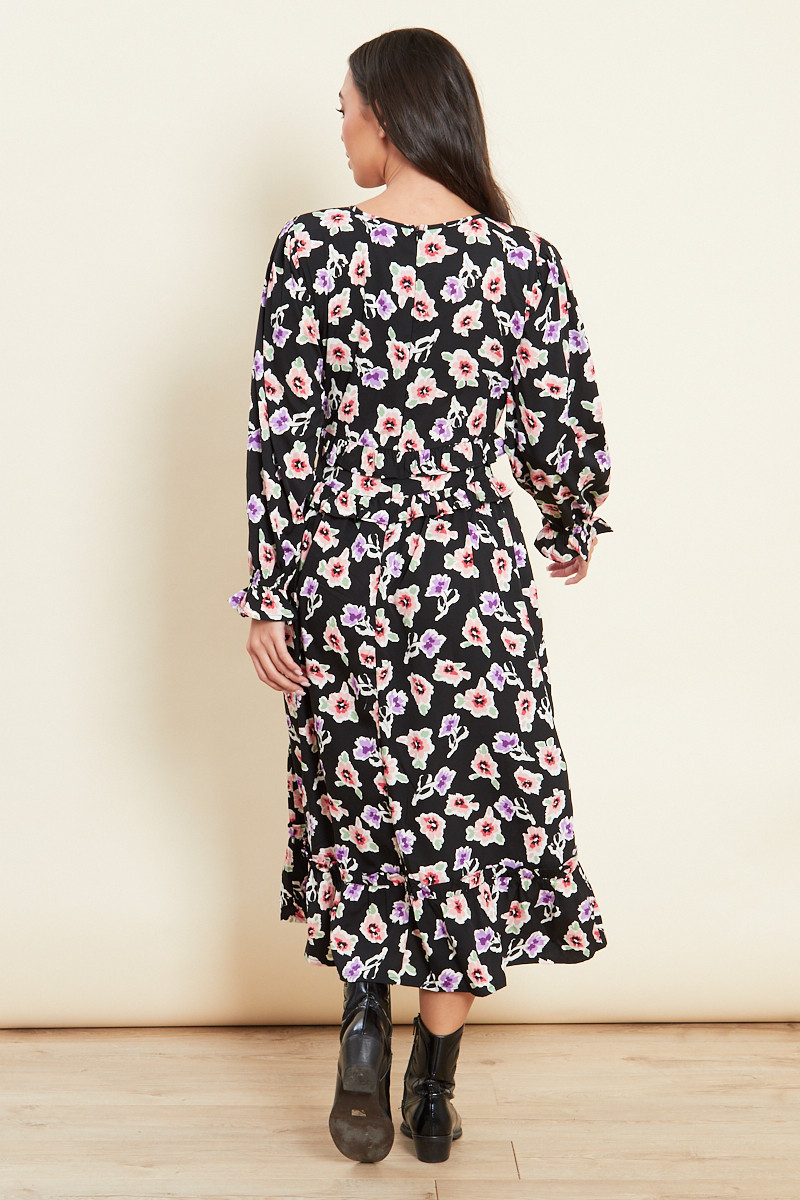 Black Floral Ruffle Detail Midi Dress 