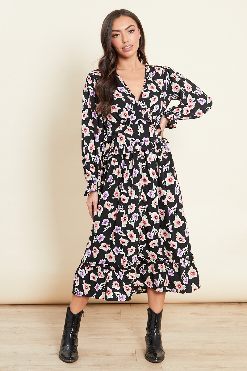 Black Floral Ruffle Detail Midi Dress 