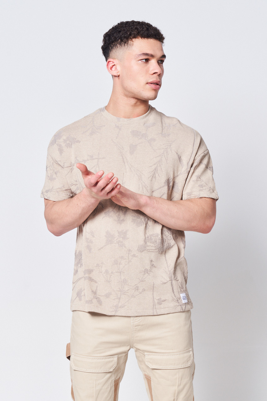Relaxed T-Shirt In Knitted Jacquard Leaf Pattern