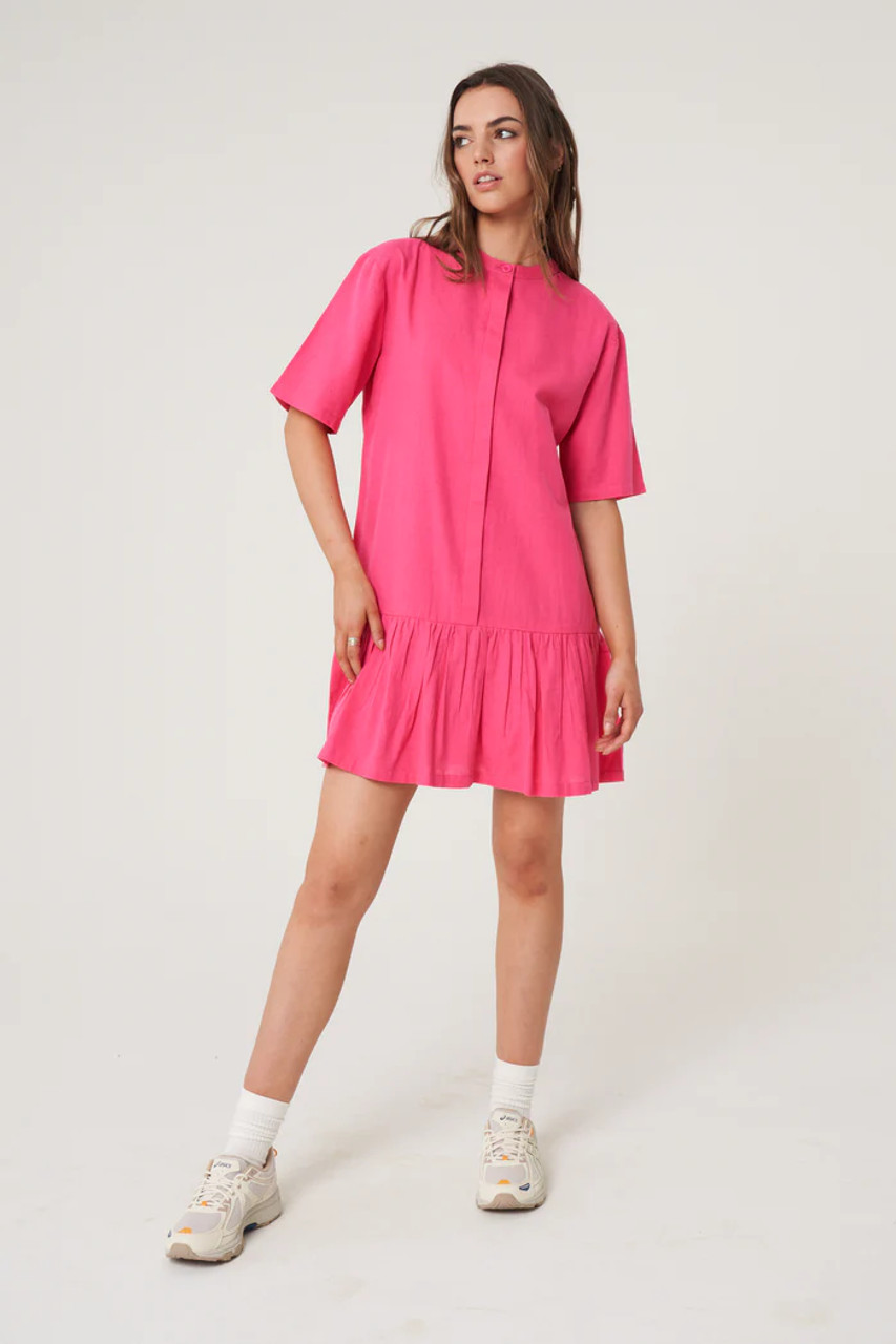 Oversized Swing Shape Dress With Inserted Draped Panels And Button Down Front 