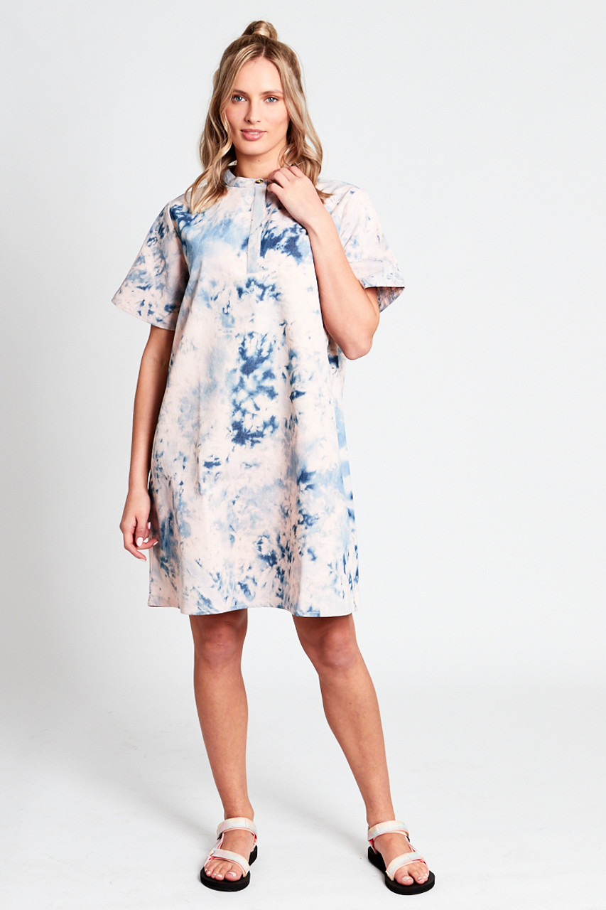 Very Loose Fit Half Placket Shirt Dress In Acid Wash Denim 