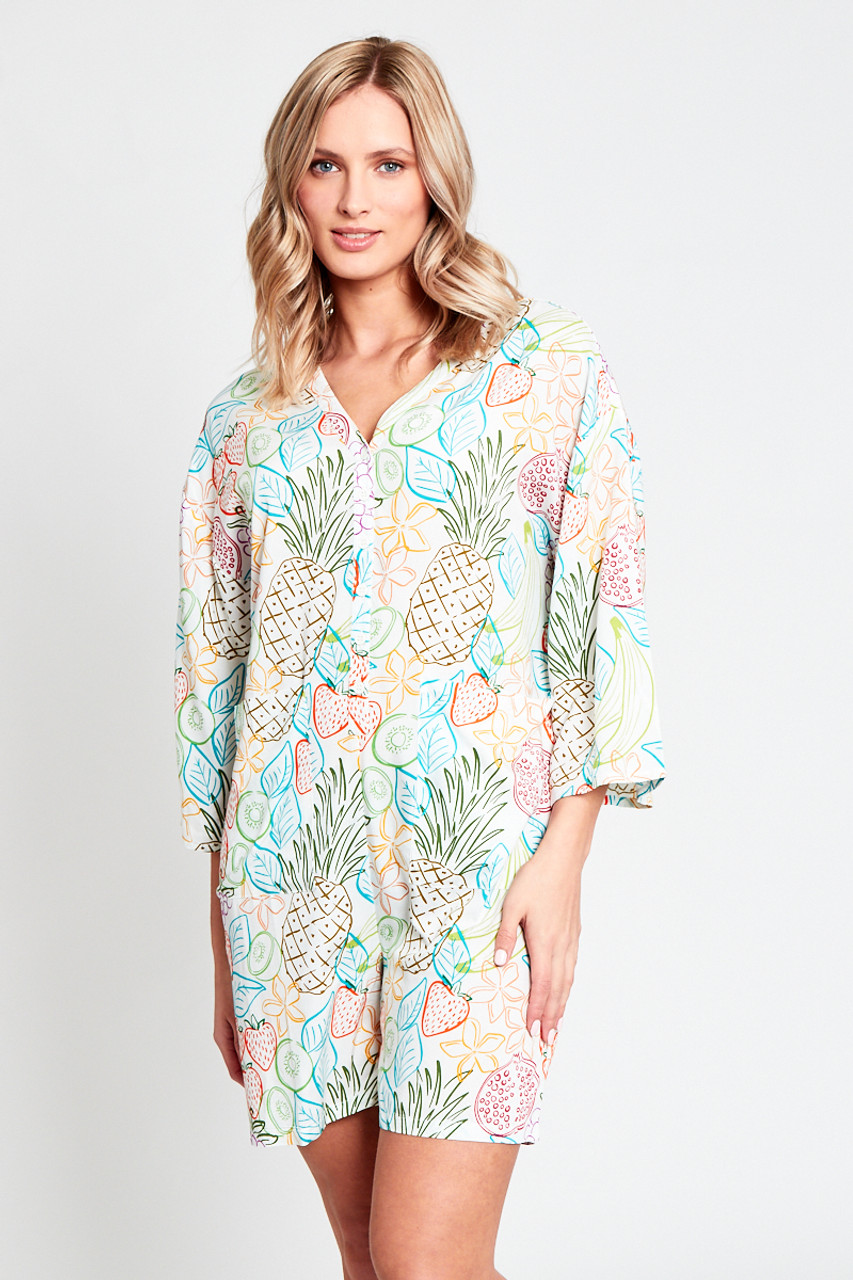 Loose Fit Playsuit With Button Down Fastening And Collarless Neck In Fruit Print