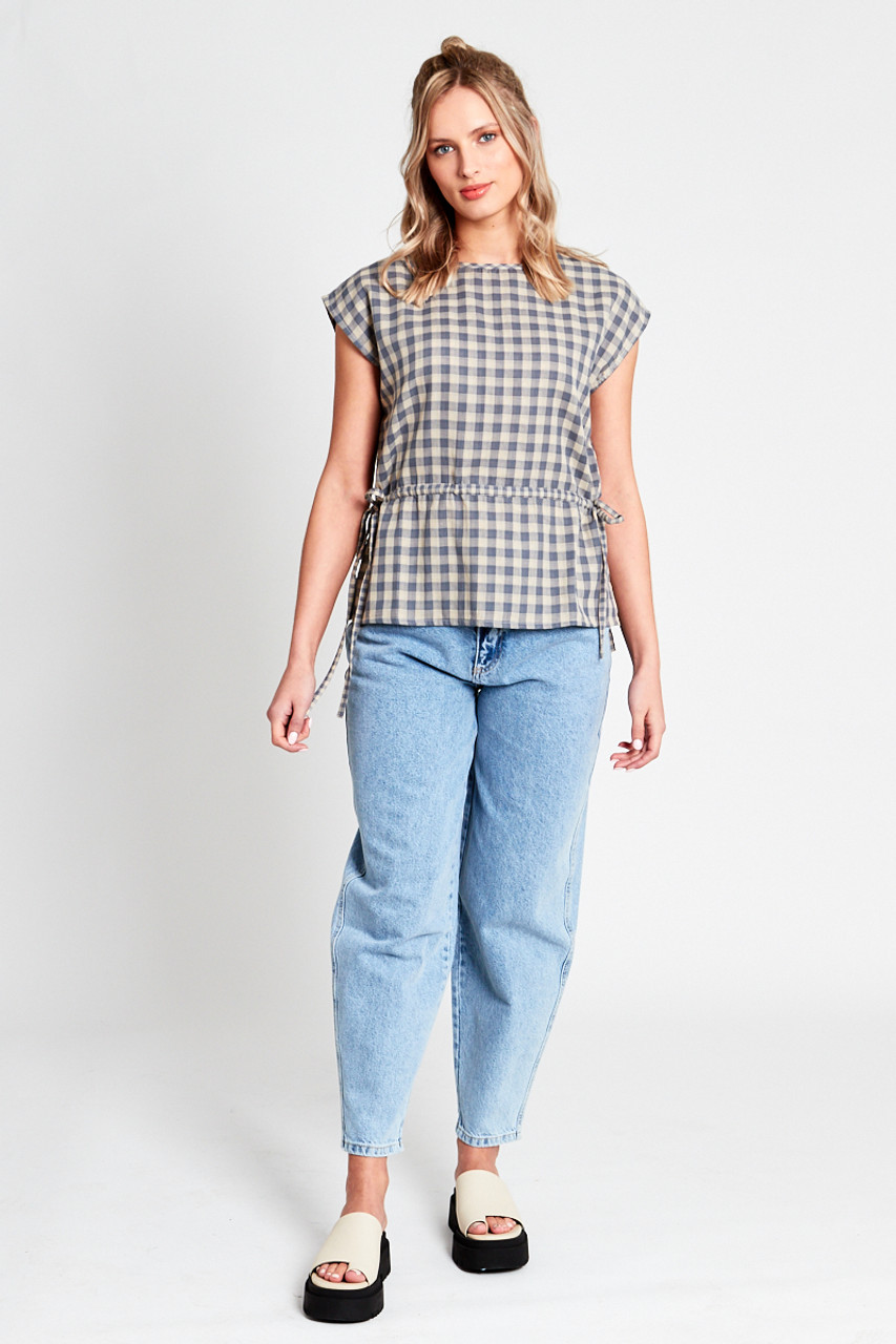 Oversized Sleeveless Blouse With Self Fabric Channel At Waist In Contrasting Check 