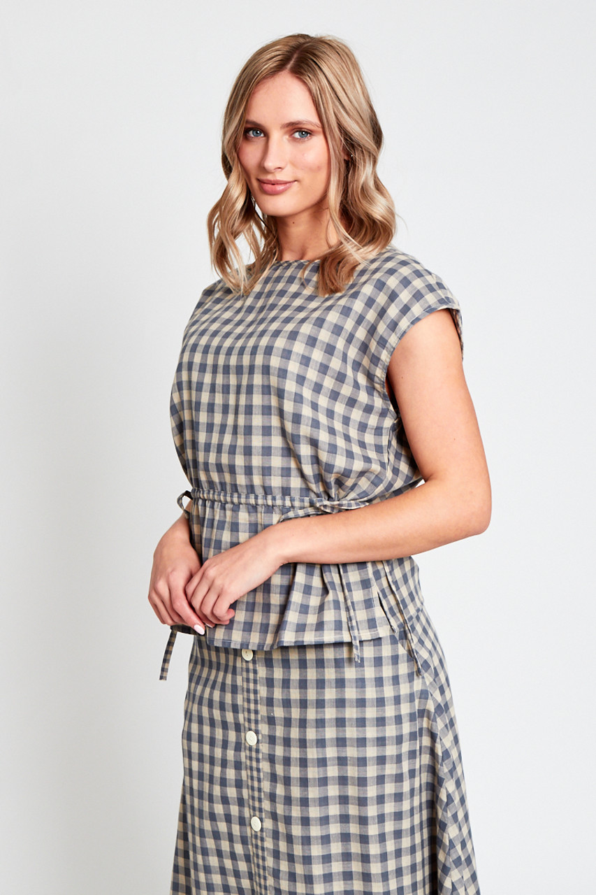 Oversized Sleeveless Blouse With Self Fabric Channel At Waist In Contrasting Check 