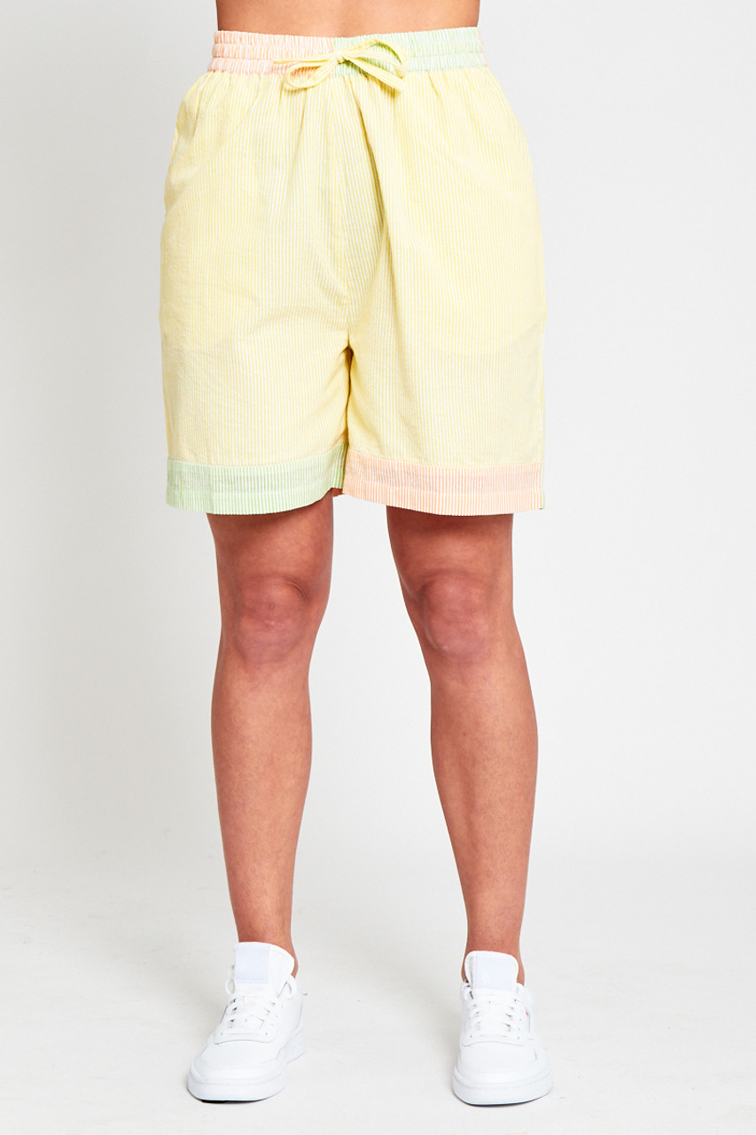 Loose Fit Shorts With Elasticated Waistband With Self Fabric Tie In Contrast Stripe Panels 