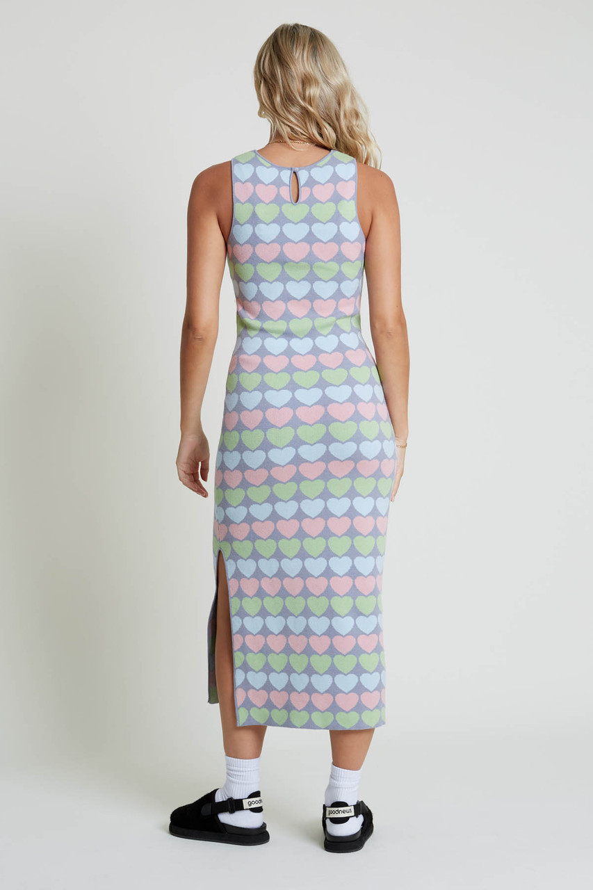 Close Fit Sleeveless Midi Dress In Statement Love Heart Knitted Jacquard 