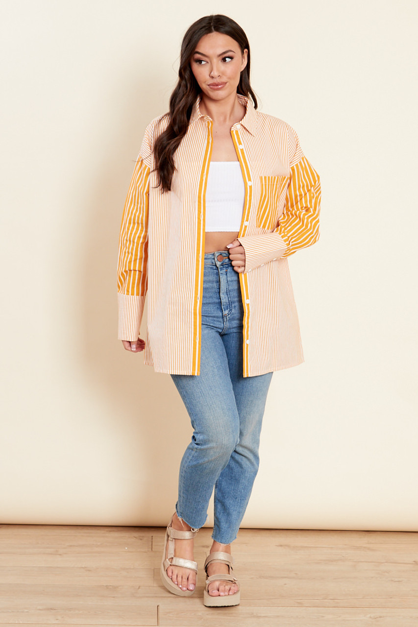 Orange Oversized Fit Cotton Shirt With Contrast Stripes