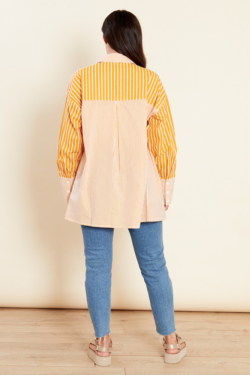 Orange Oversized Fit Cotton Shirt With Contrast Stripes