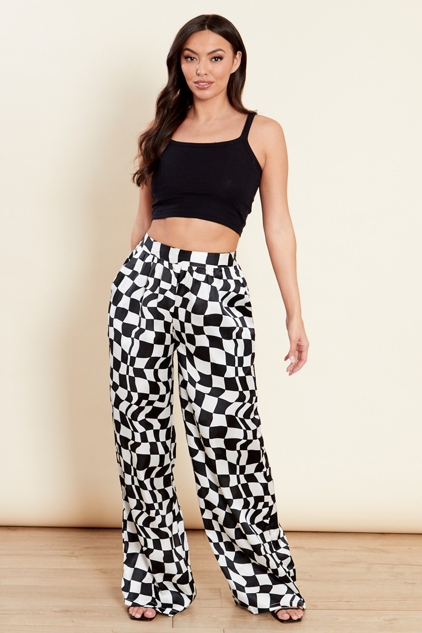 Mono Checkered Wide Leg Elasticated Waist Pants 