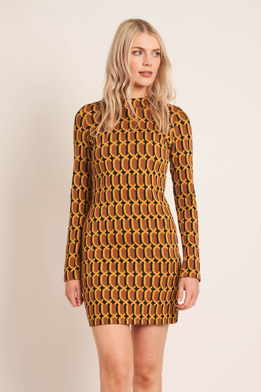 Geo Jacquard Jersey High Neck Ls Mini Dress