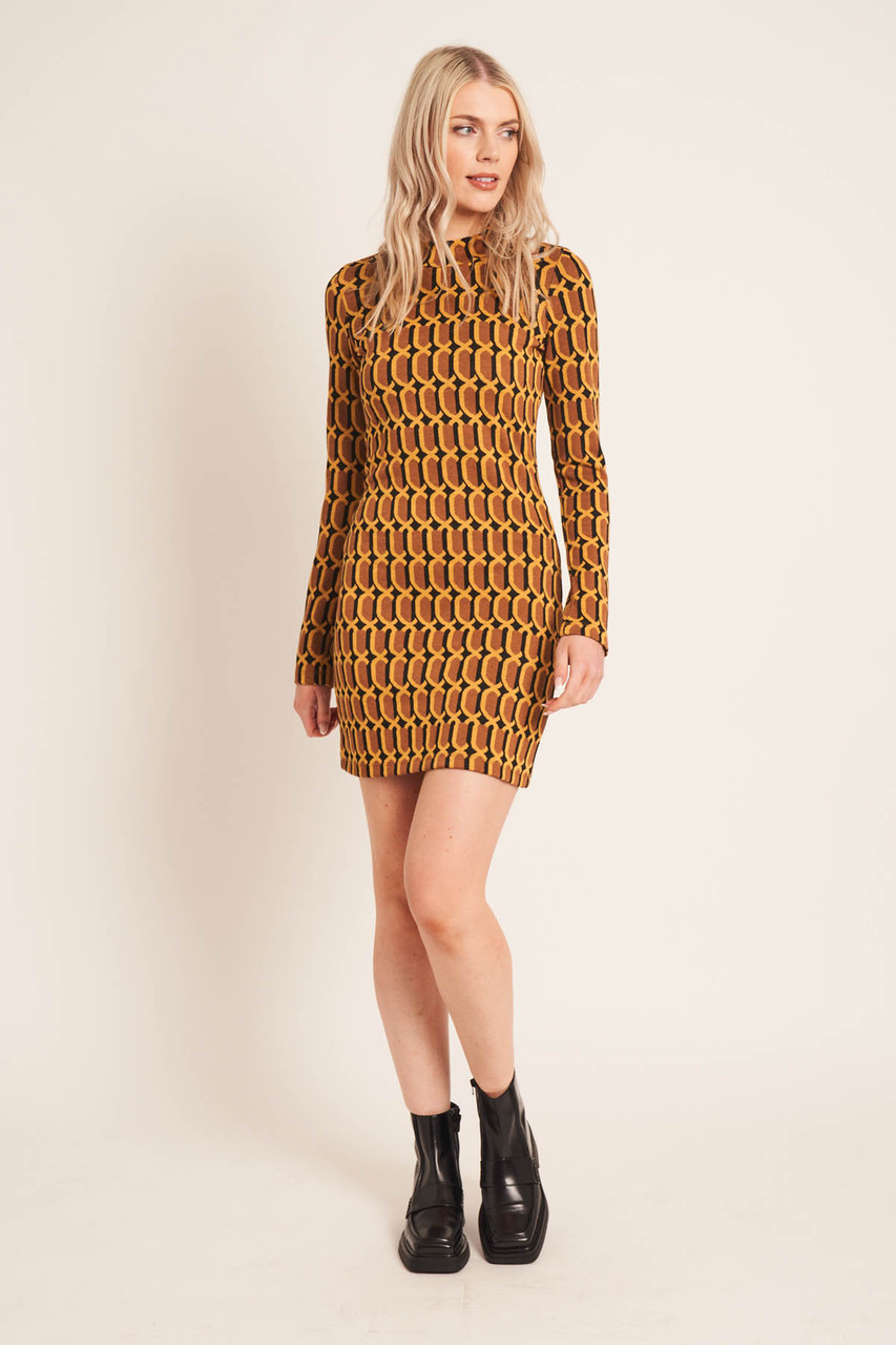 Geo Jacquard Jersey High Neck Ls Mini Dress