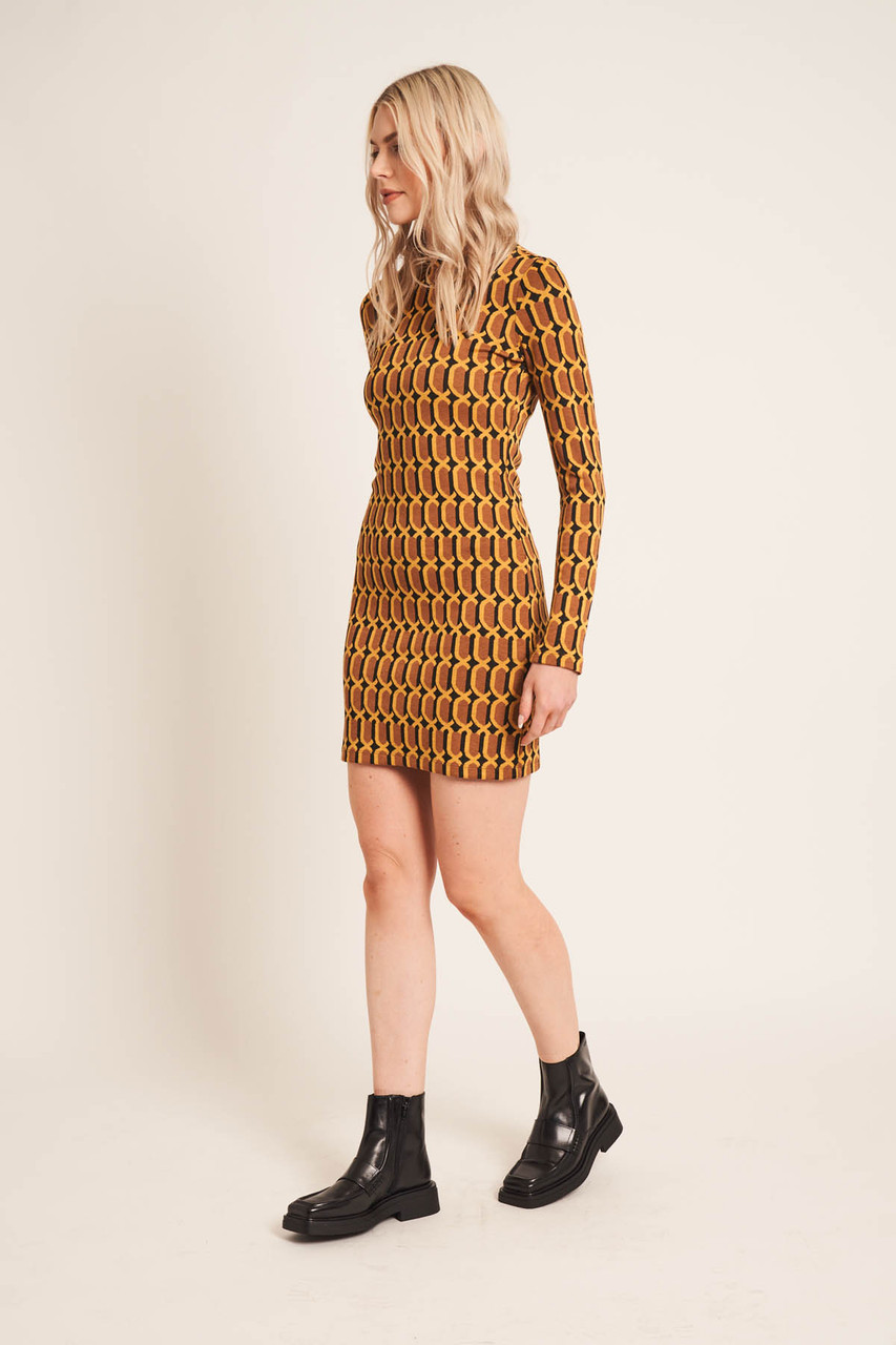 Geo Jacquard Jersey High Neck Ls Mini Dress