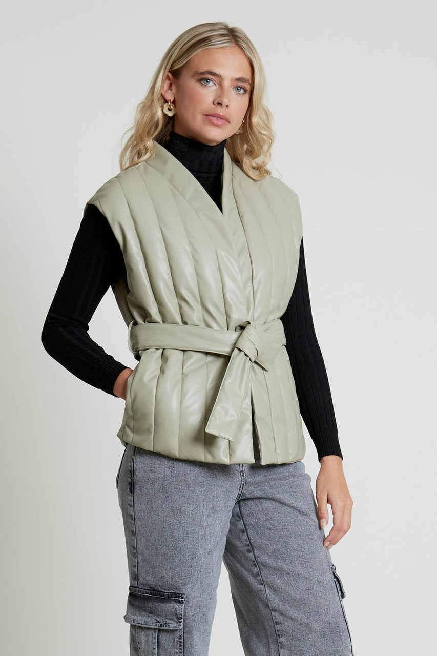 Green Faux Leather Vertical Quilt Gilet  With Belt Detail