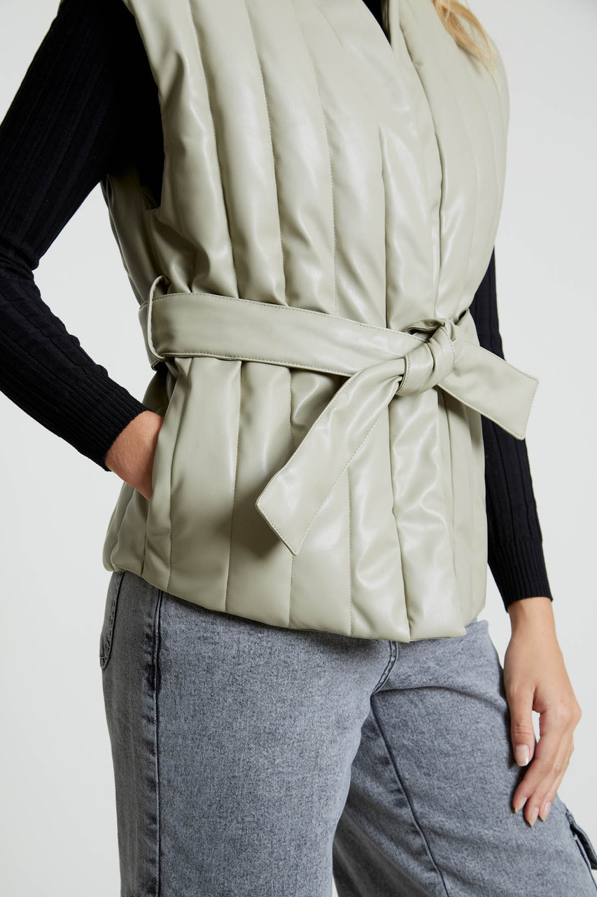 Green Faux Leather Vertical Quilt Gilet  With Belt Detail