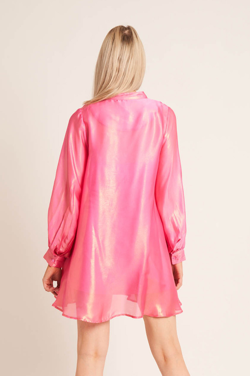 Tie neck trapeze smock dress in disco pink plus size
