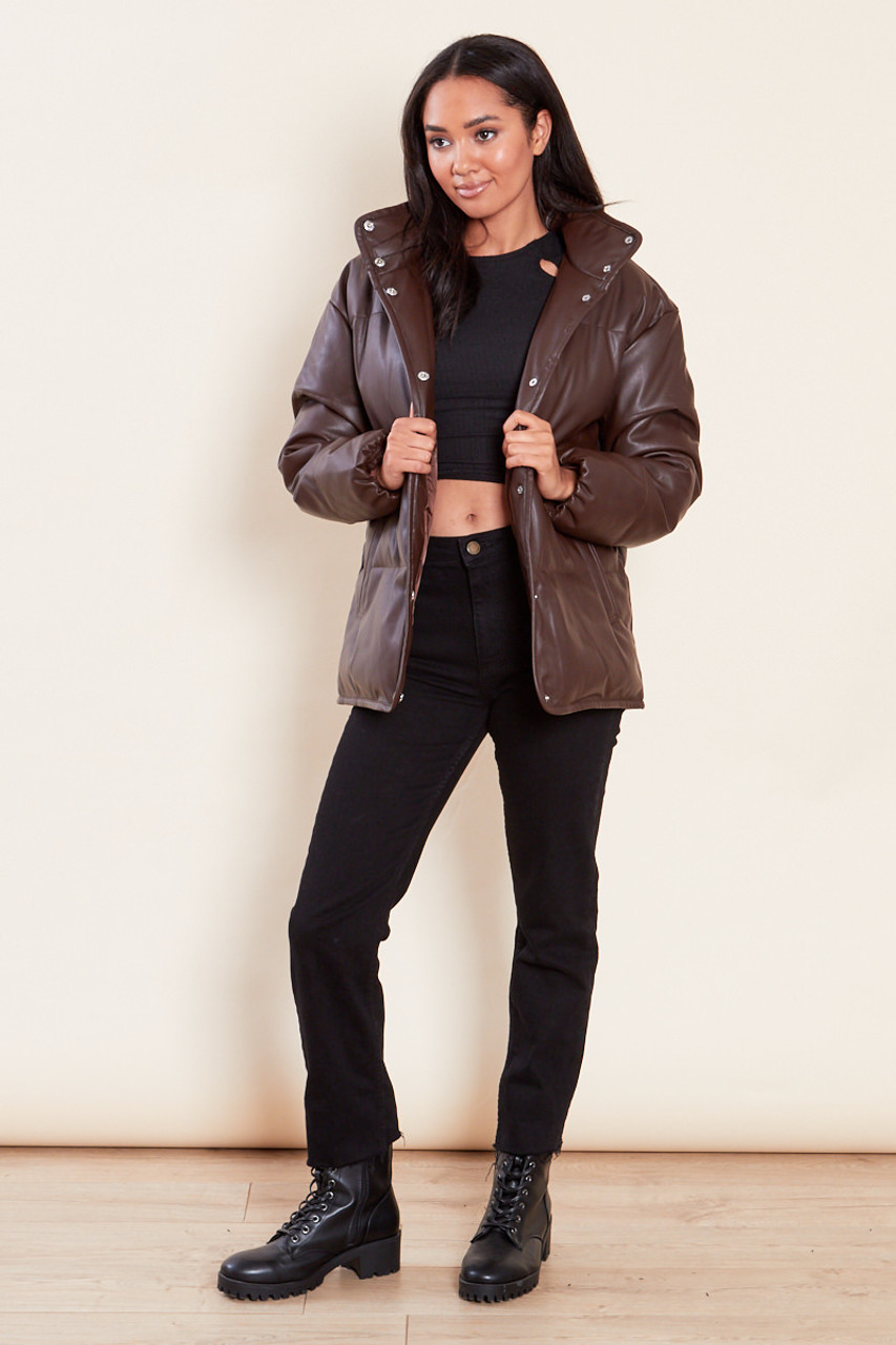 Lucky Brand Oversized Faux Leather Puffer Jacket in Brown