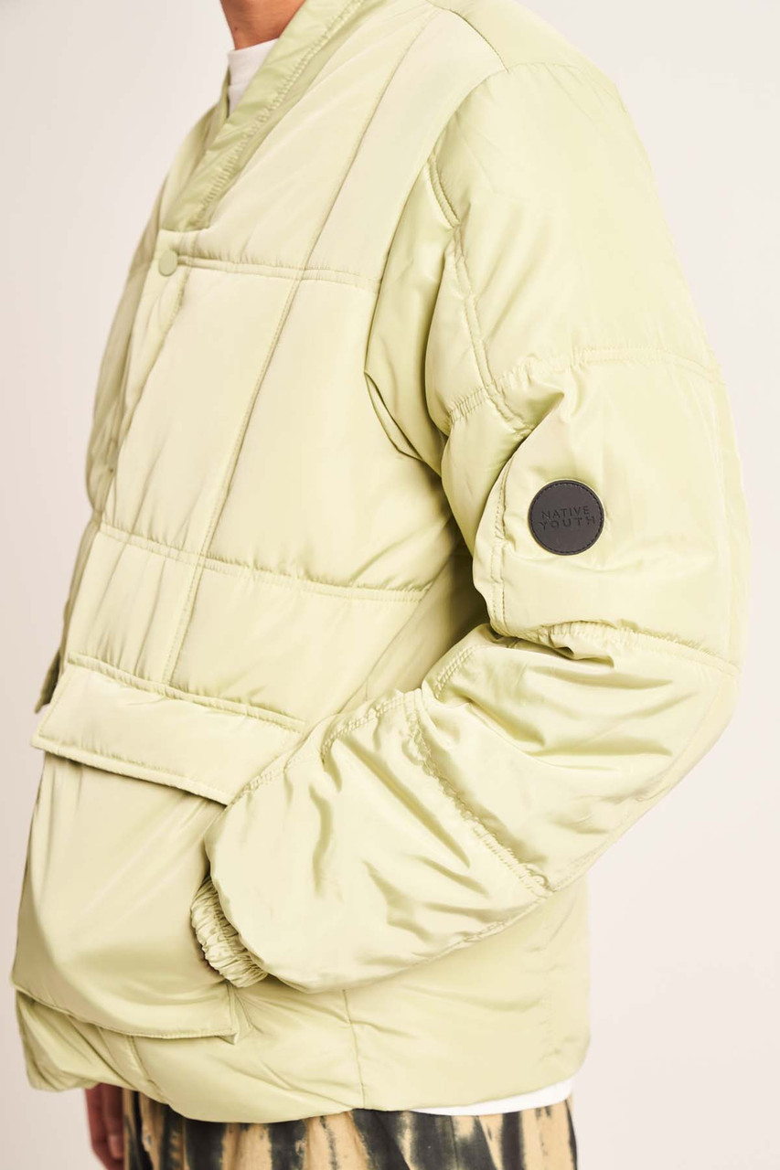 Green Ezekiel Puffer Jacket With Baseball Collar In Square Quilt