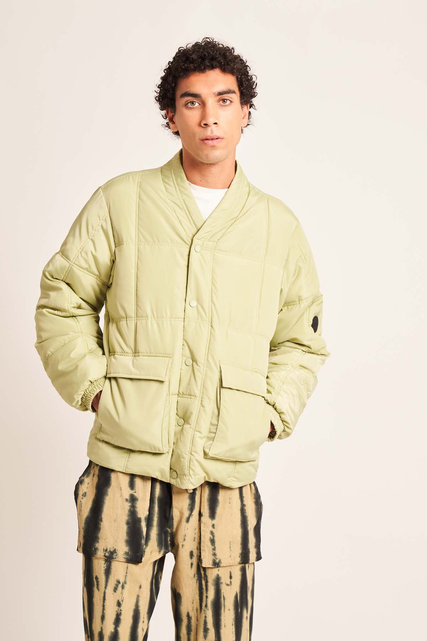 Green Ezekiel Puffer Jacket With Baseball Collar In Square Quilt