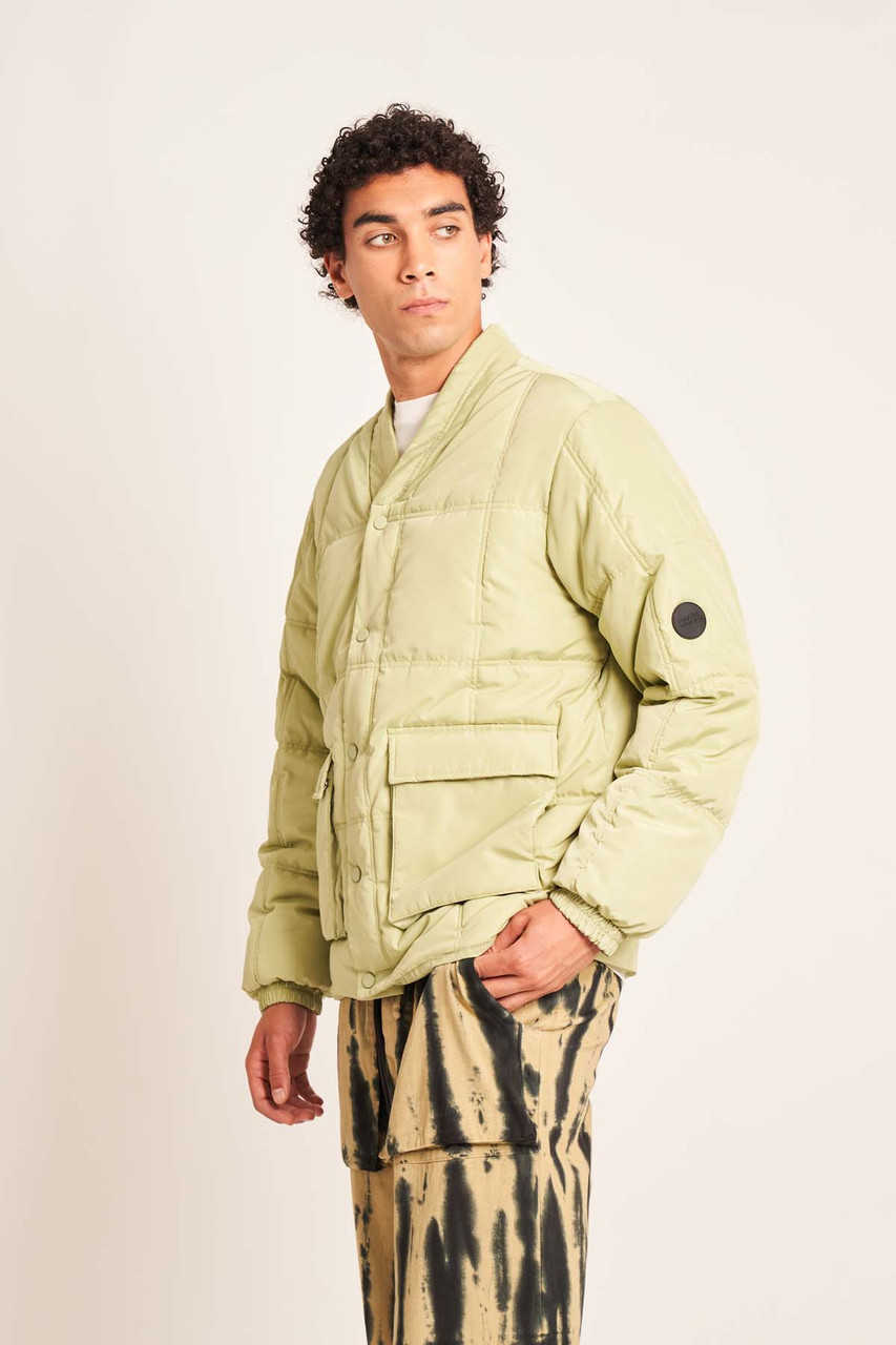 Green Ezekiel Puffer Jacket With Baseball Collar In Square Quilt