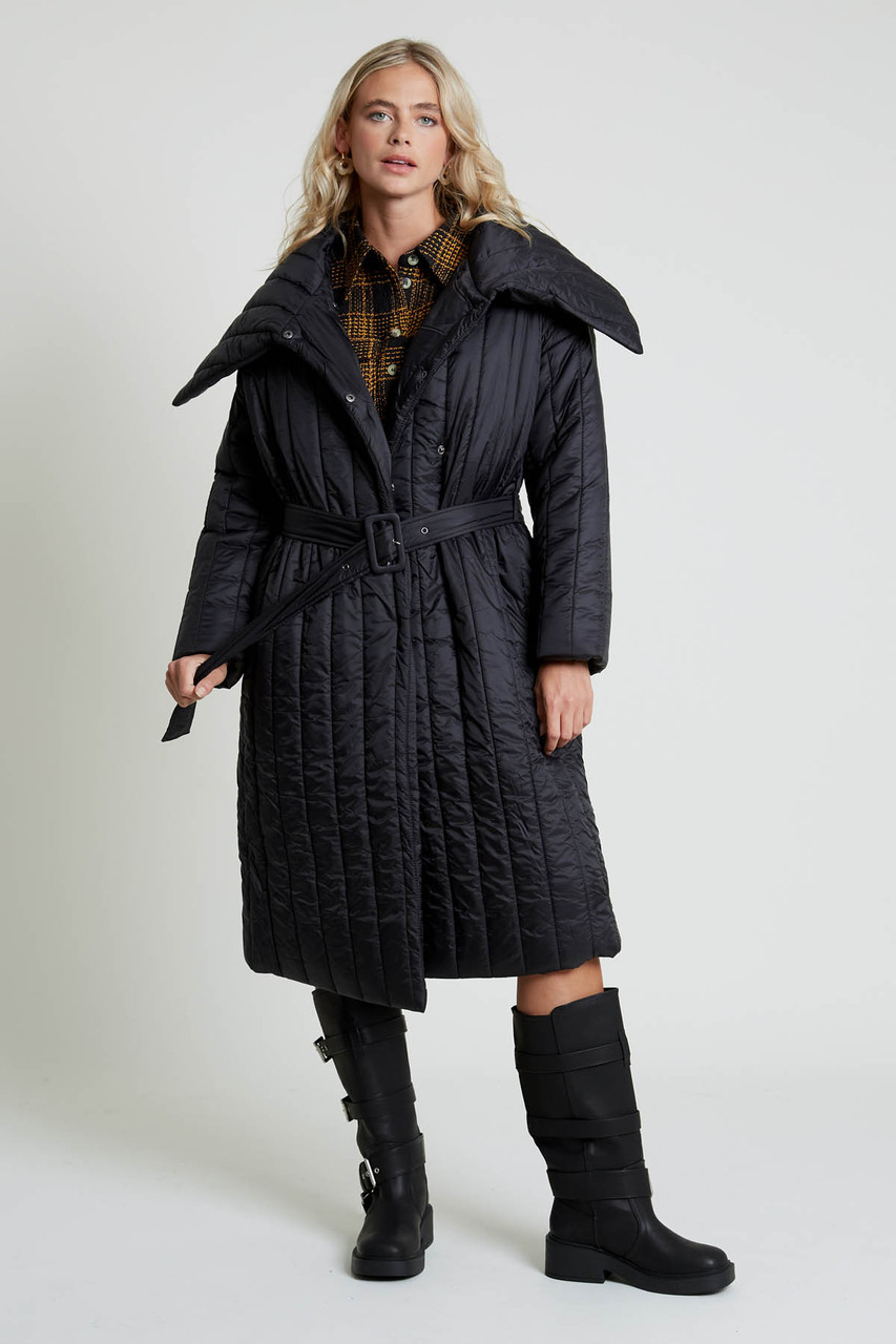 Quilted Nylon Longline Coat With Belt