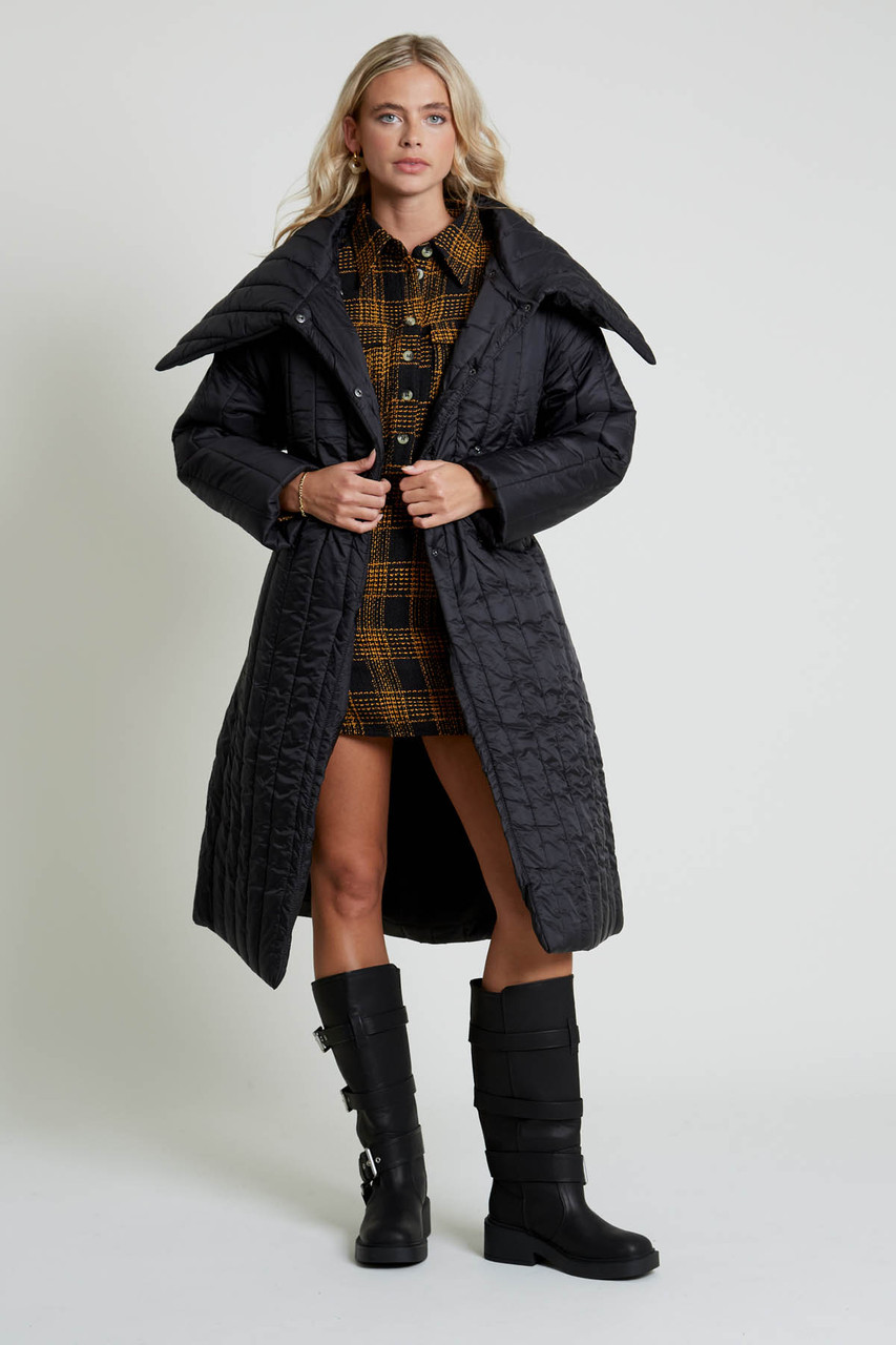 Quilted Nylon Longline Coat With Belt