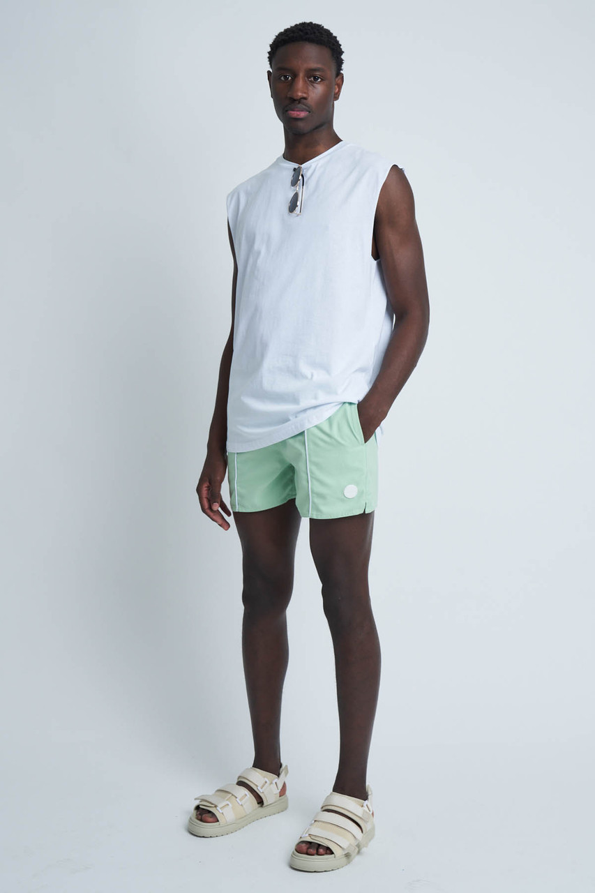 Recycled Polyester Swim Short With Piped Seam And Internal Drawcord-Green