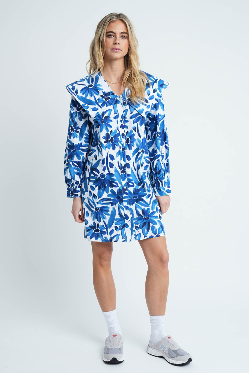 Blue Printed Oversized Collar Mini Shirt Dress